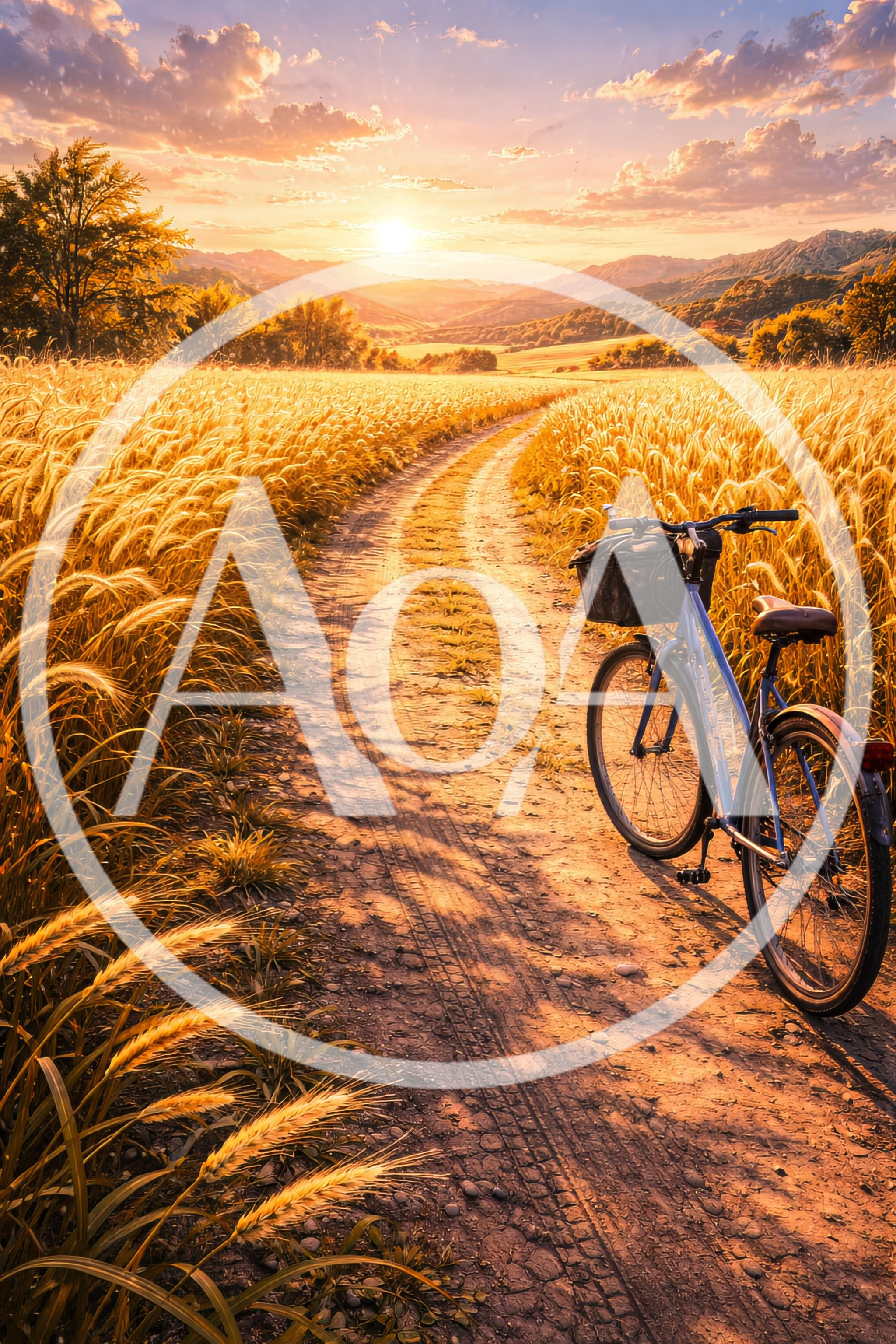 Blue Bicycle Parked On A Dirt Path In Wheat Field