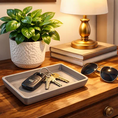 Car Keys and Sunglasses on a Wooden Entryway Table
