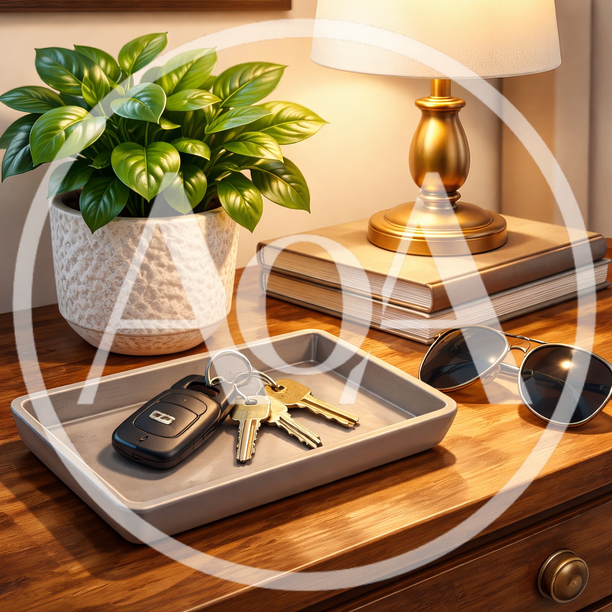 Car Keys and Sunglasses on a Wooden Entryway Table