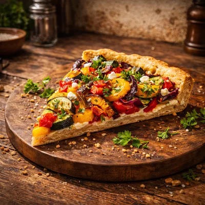 Slice Of Roasted Vegetable Tart On Wooden Board