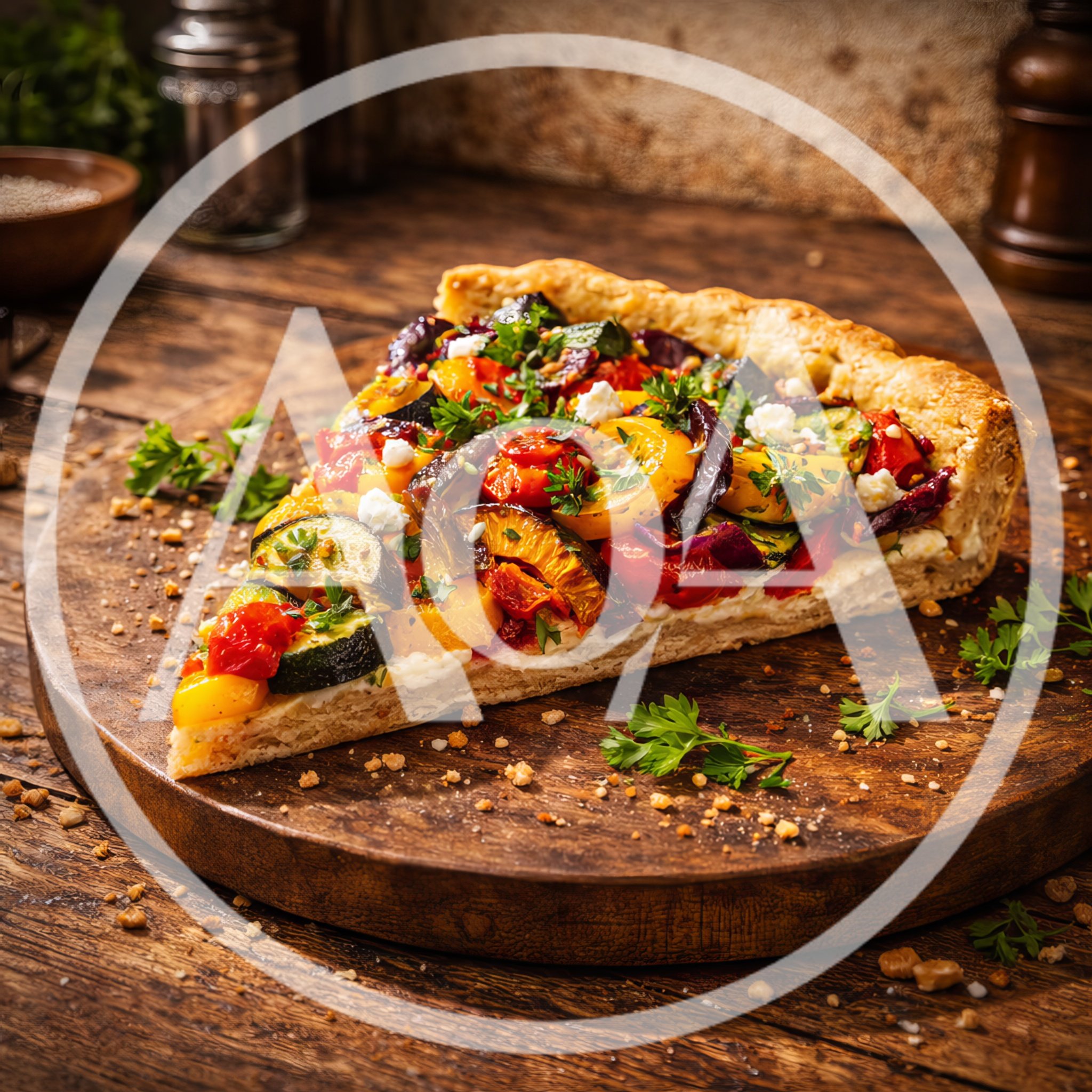 Slice Of Roasted Vegetable Tart On Wooden Board