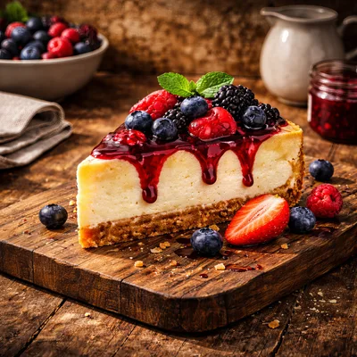 Slice of Berry Topped Cheesecake on Wooden Board
