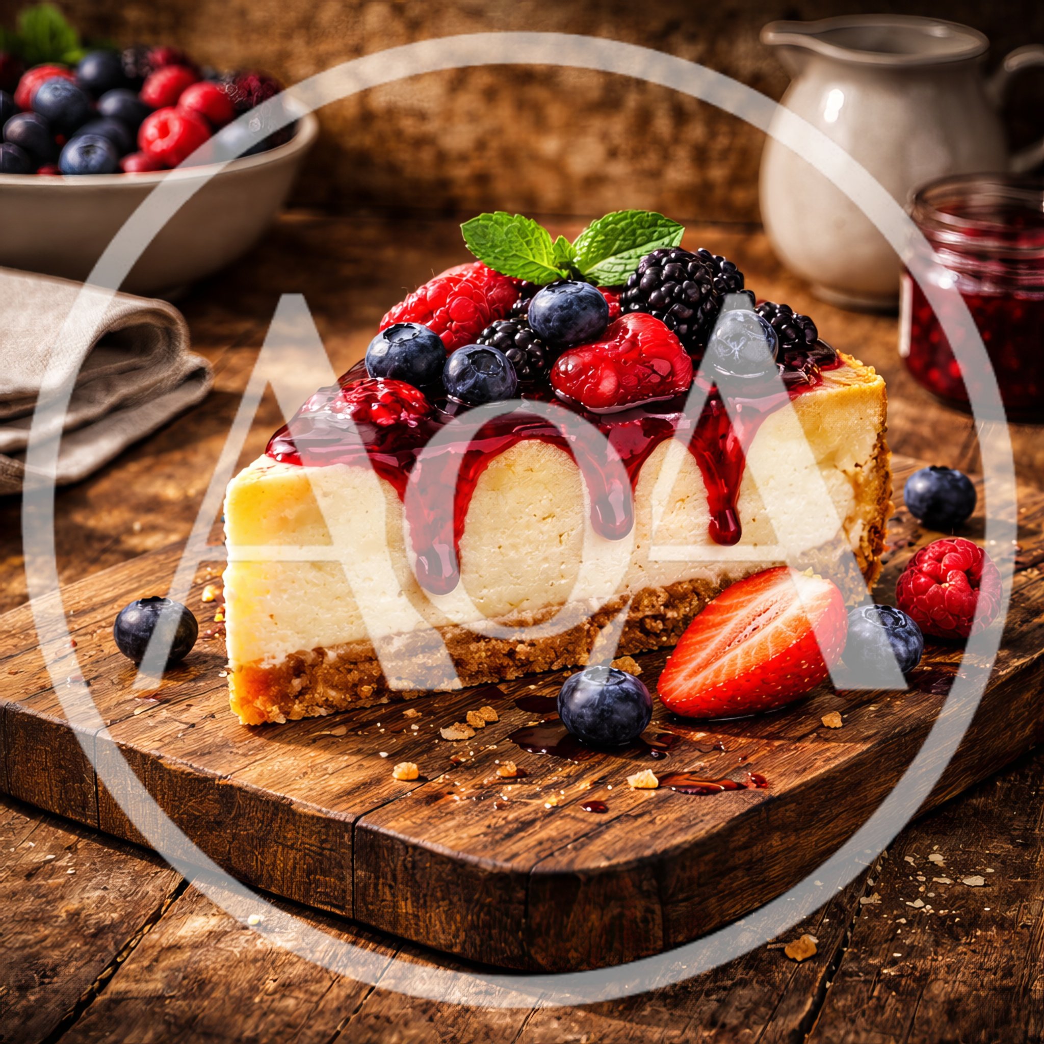 Slice of Berry Topped Cheesecake on Wooden Board