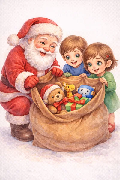 Santa Claus Sharing Christmas Gifts With Two Children