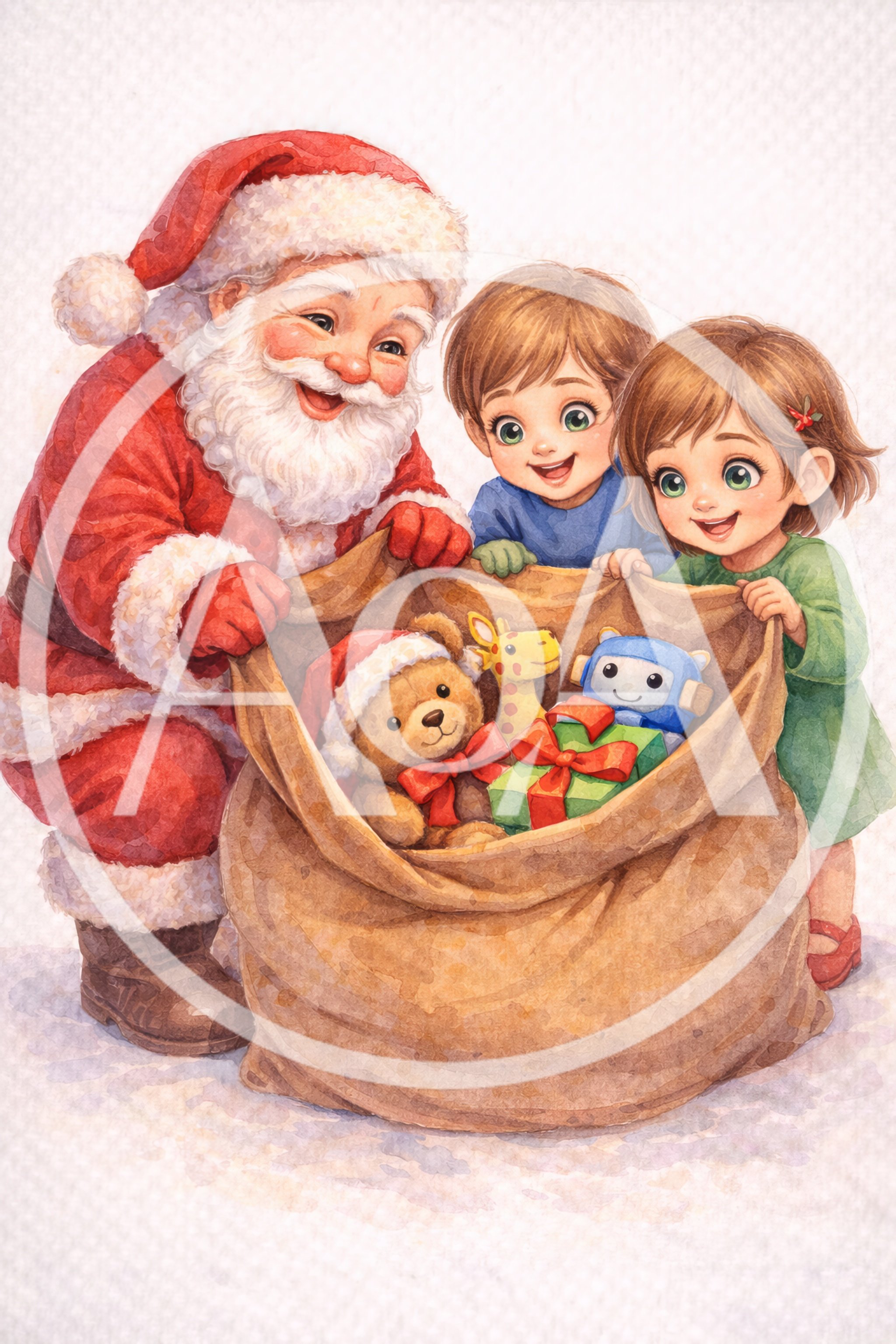Santa Claus Sharing Christmas Gifts With Two Children
