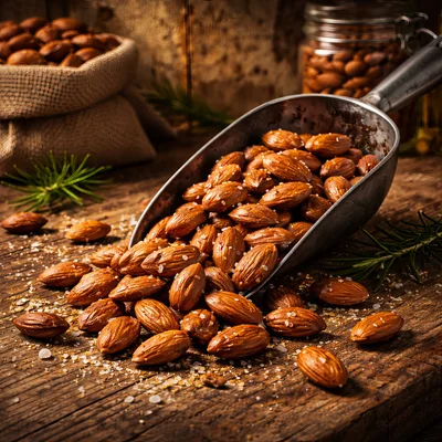 Metal Scoop Filled With Salted Almonds On Wooden Table