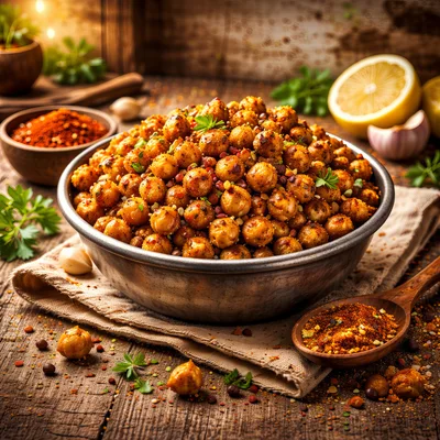 Roasted Spiced Chickpeas in a Rustic Metal Bowl