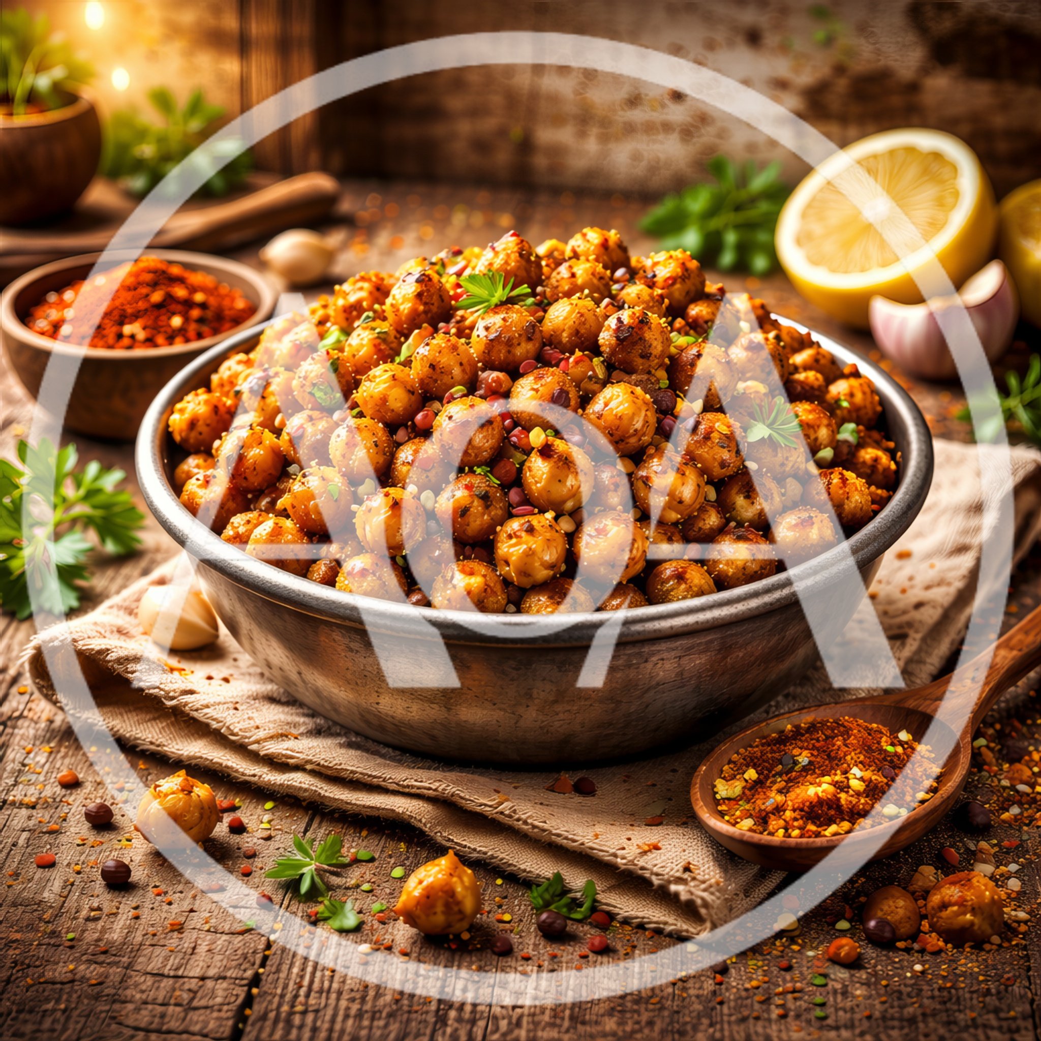 Roasted Spiced Chickpeas in a Rustic Metal Bowl