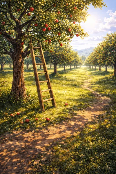 Wooden Ladder Leaning Against Apple Tree In Sunny Orchard