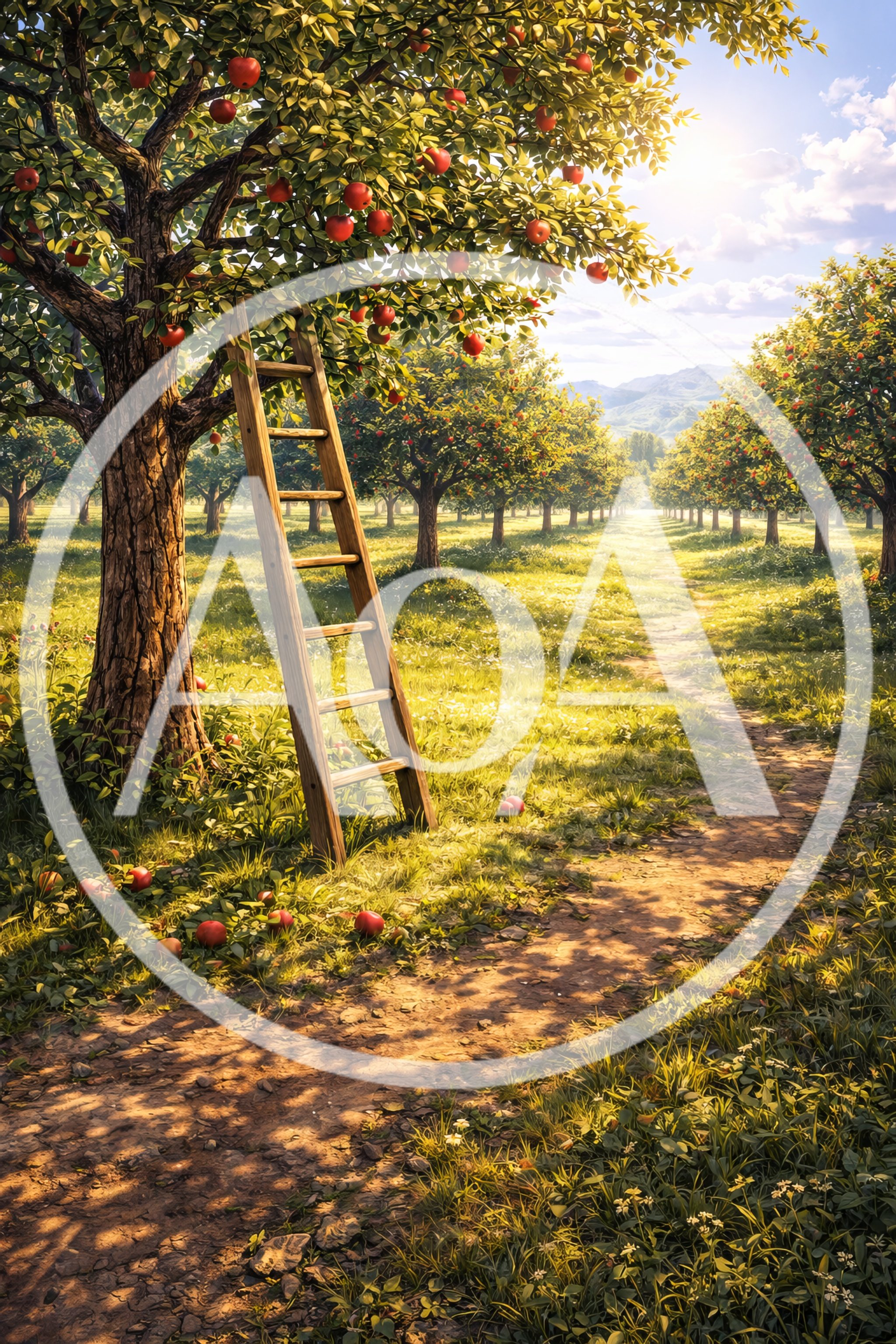 Wooden Ladder Leaning Against Apple Tree In Sunny Orchard