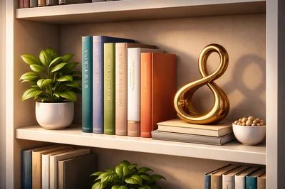 Modern Bookshelf With Decorative Gold Infinity Symbol