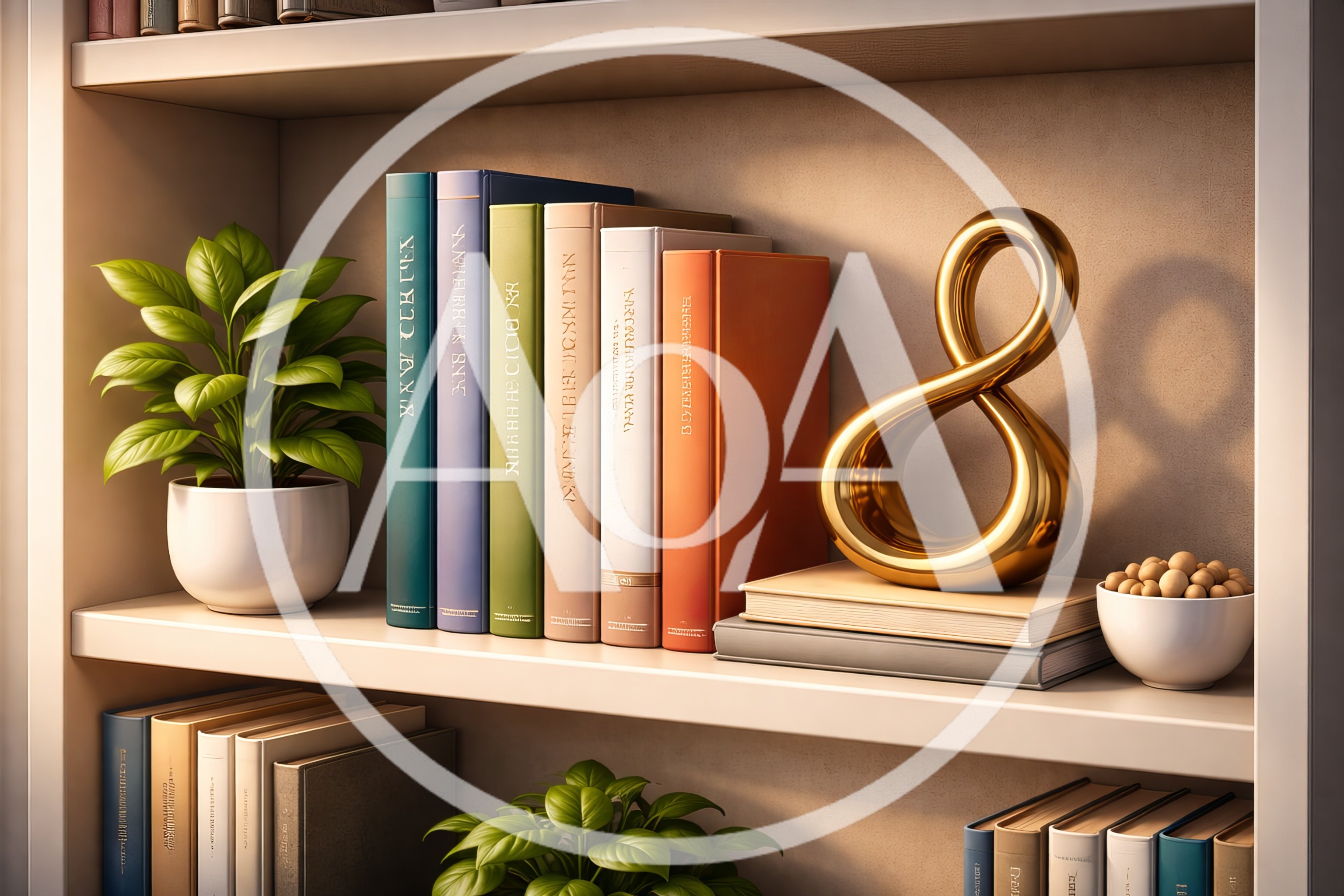 Modern Bookshelf With Decorative Gold Infinity Symbol