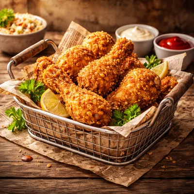 Crispy Fried Chicken Drumsticks in a Wire Basket