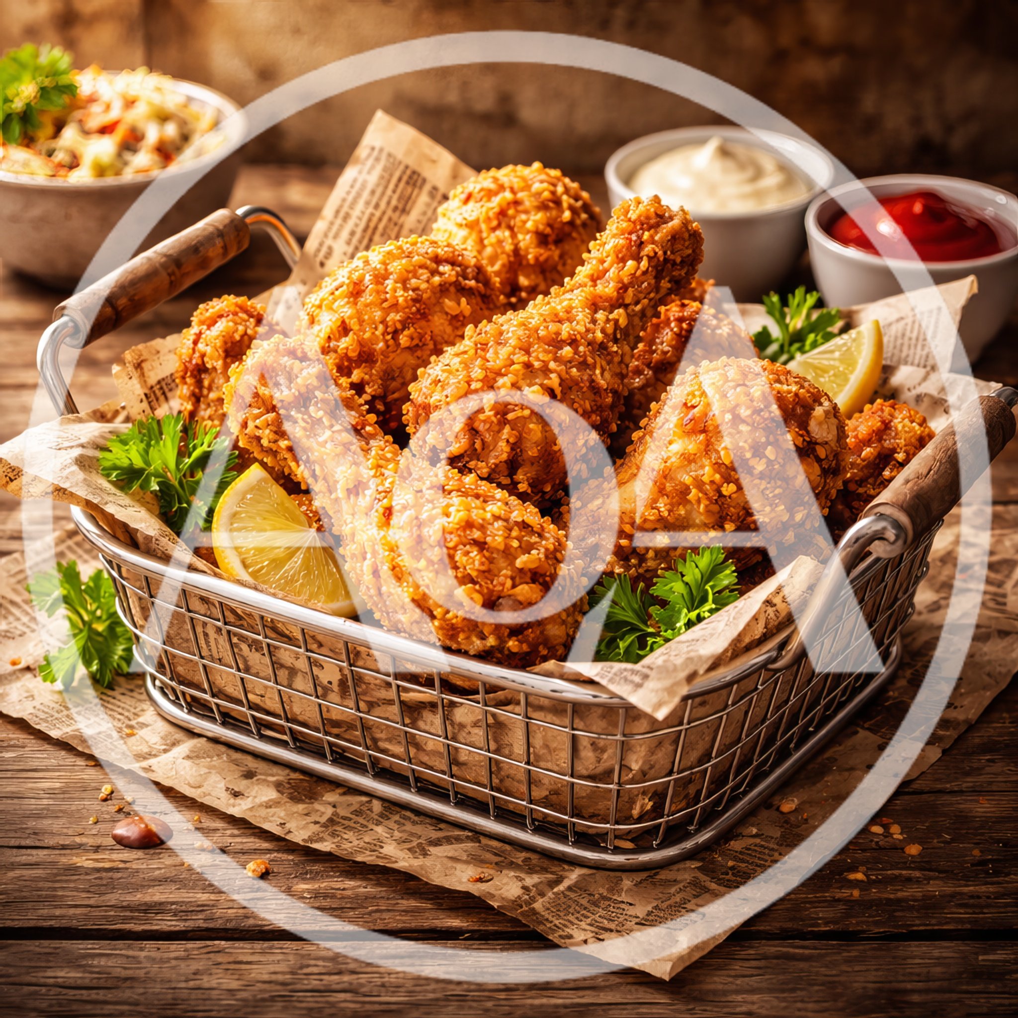 Crispy Fried Chicken Drumsticks in a Wire Basket