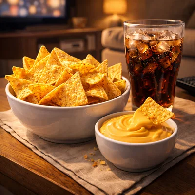 Bowl Of Nachos With Cheese Dip And Soda