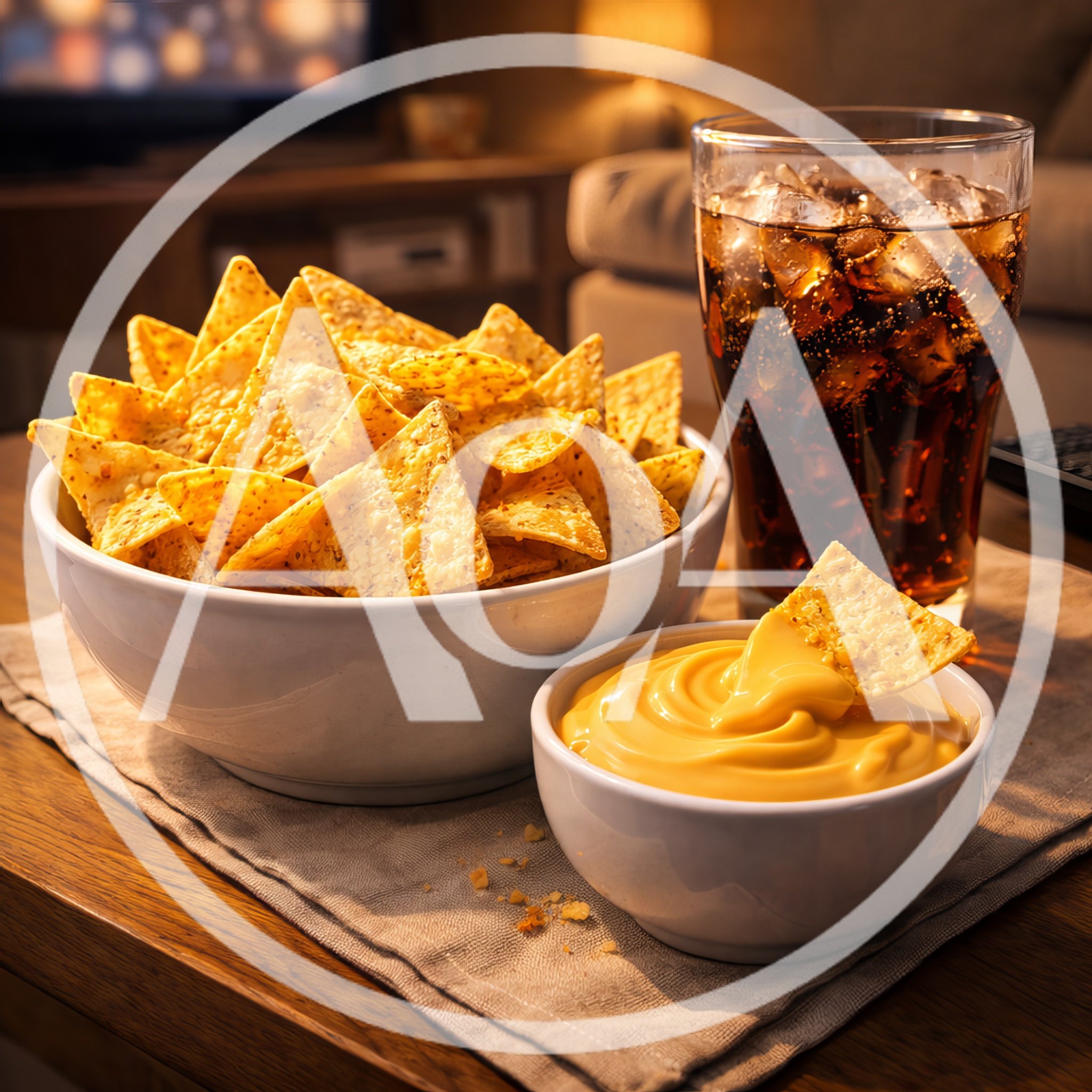 Bowl Of Nachos With Cheese Dip And Soda