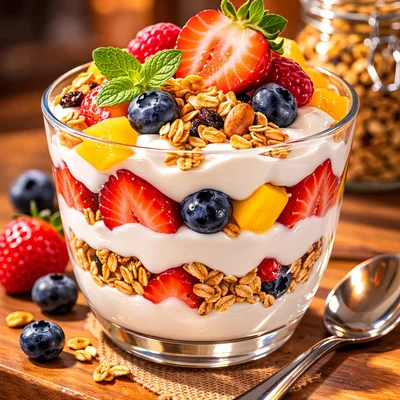 Fresh Fruit And Granola Yogurt Parfait In Glass