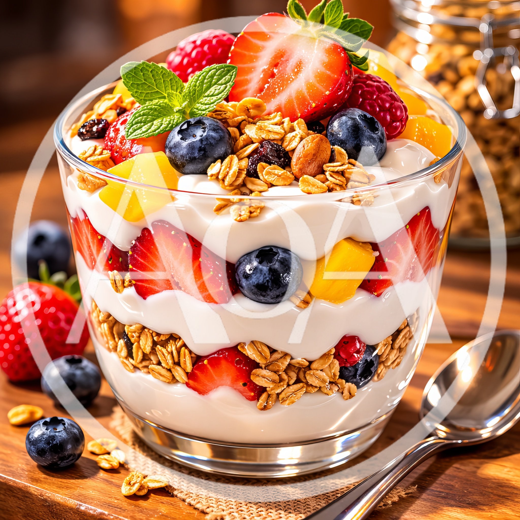 Fresh Fruit And Granola Yogurt Parfait In Glass