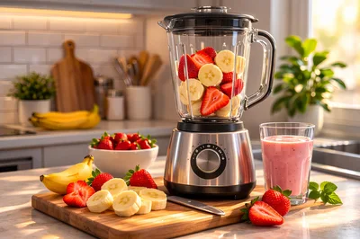 Preparing Fresh Strawberry Banana Smoothie In Kitchen