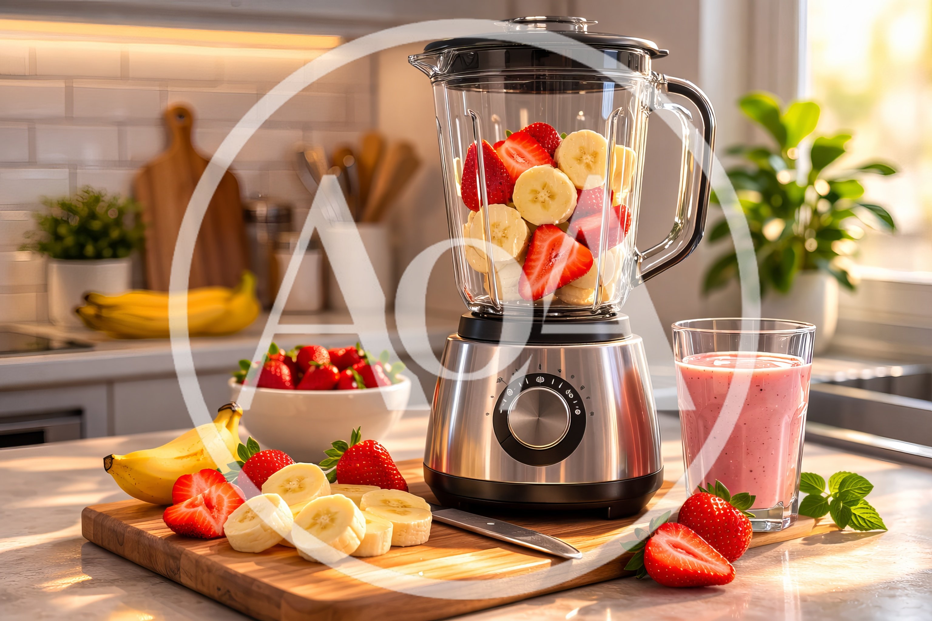 Preparing Fresh Strawberry Banana Smoothie In Kitchen