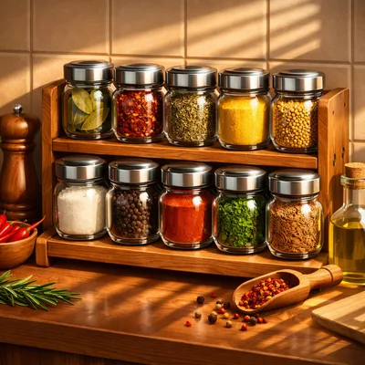 Wooden Spice Rack With Glass Jars On Kitchen Counter