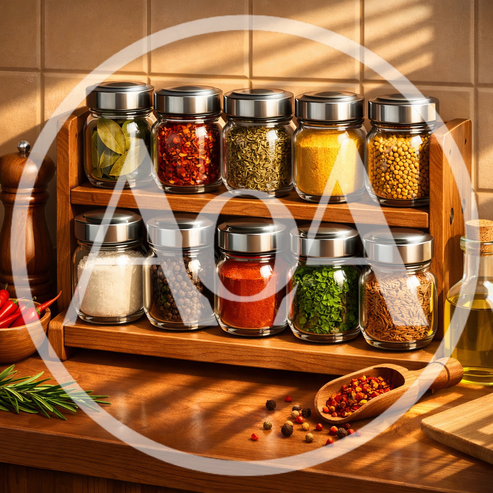 Wooden Spice Rack With Glass Jars On Kitchen Counter