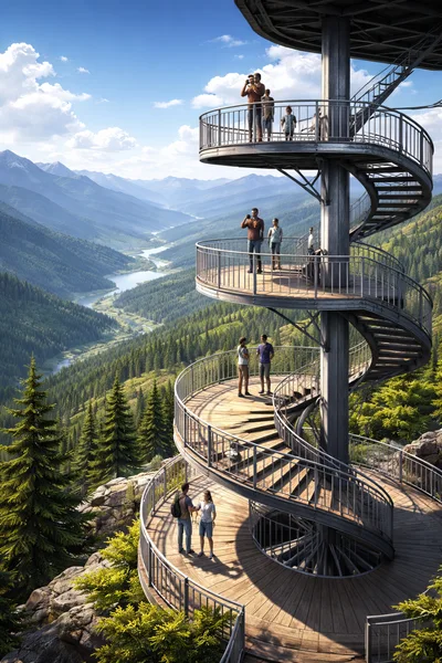People Enjoying Scenic Views From Spiral Observation Tower