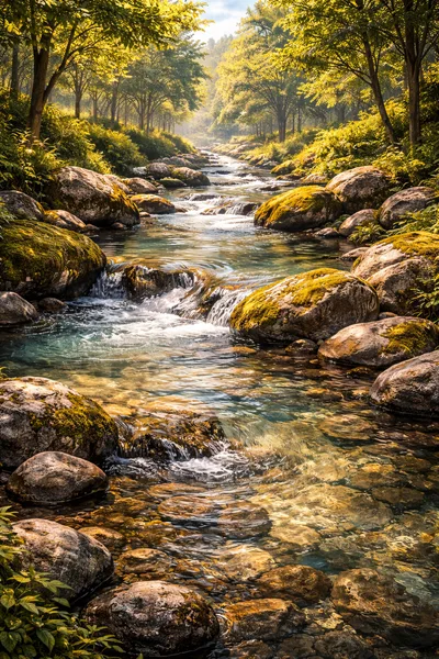 Sunlit Mountain Stream Flowing Through Mossy Rocks