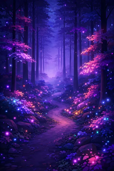 Enchanted Forest Path With Glowing Bioluminescent Flora