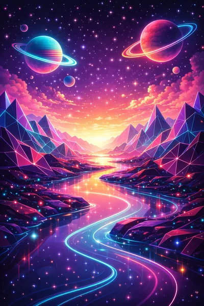 Surreal Neon Landscape With Geometric Mountains And Cosmic River