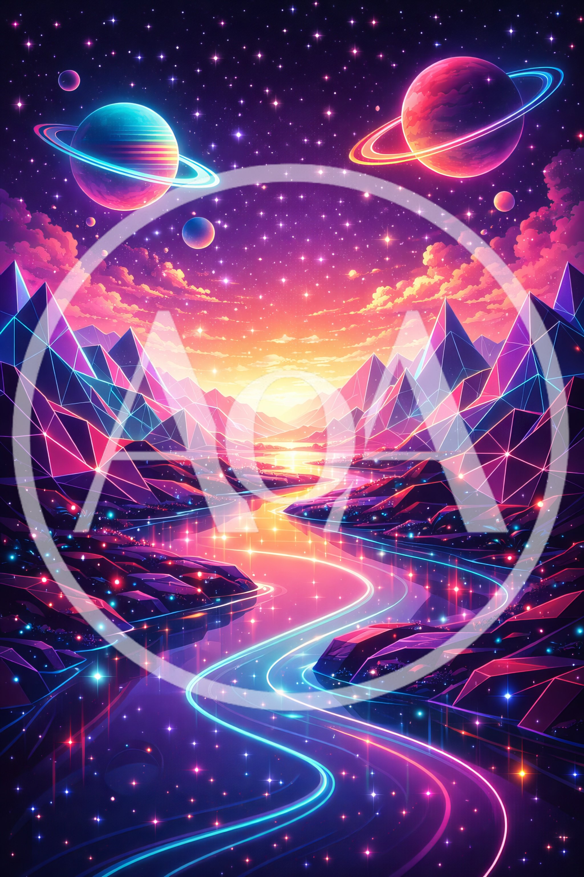 Surreal Neon Landscape With Geometric Mountains And Cosmic River