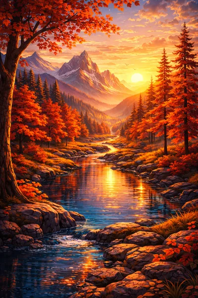 Autumn Mountain Landscape With Winding River At Sunset