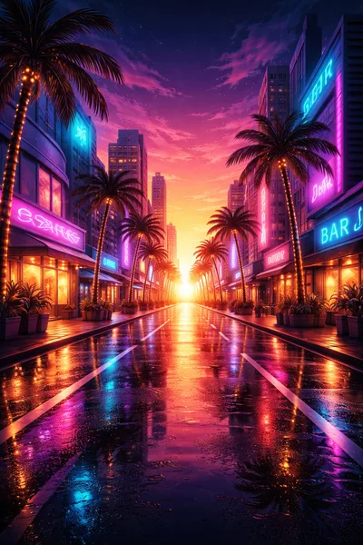 Neon Lit Tropical City Street At Sunset