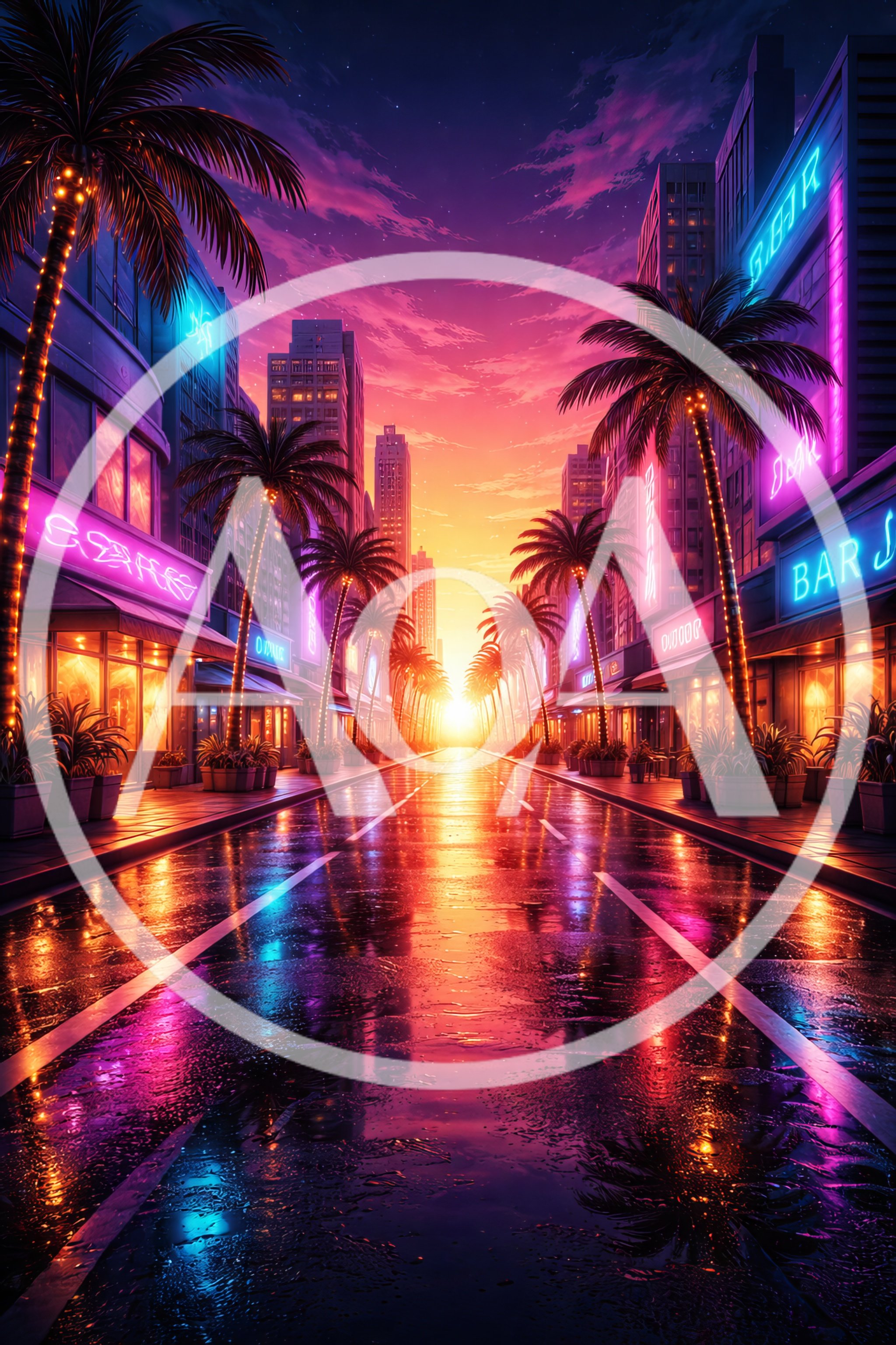 Neon Lit Tropical City Street At Sunset