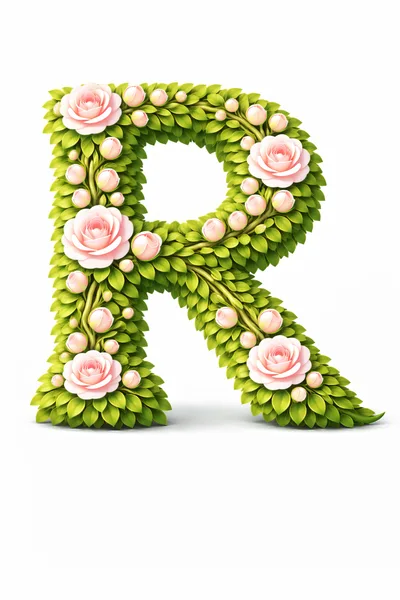 Floral Letter R Made Of Green Leaves And Roses