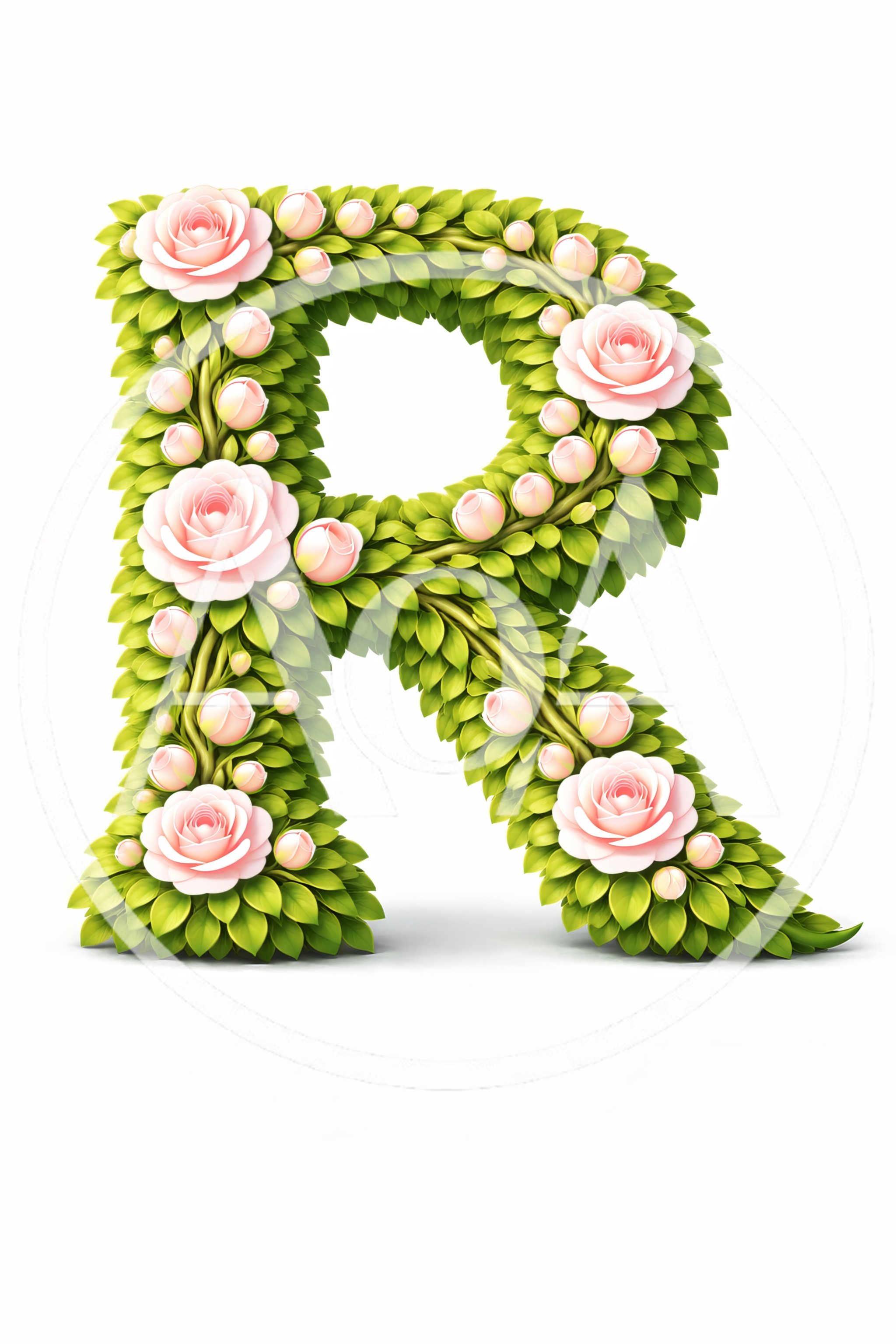 Floral Letter R Made Of Green Leaves And Roses