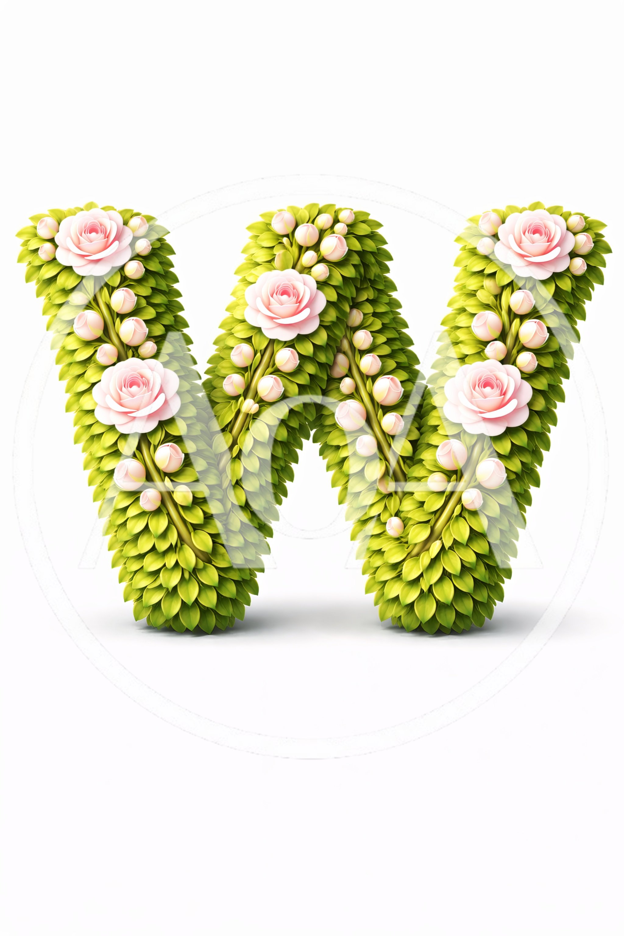 Floral Letter W Made Of Green Leaves And Roses