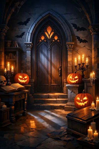 Gothic Halloween Entrance With Jack O Lanterns And Candles