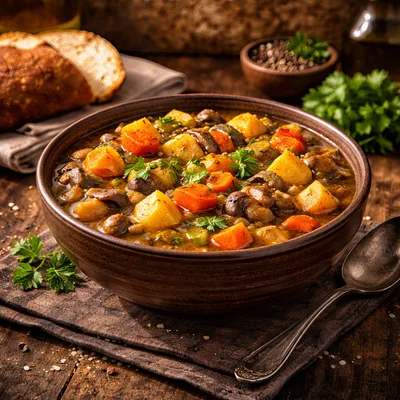 Hearty Vegetable Stew in a Rustic Ceramic Bowl