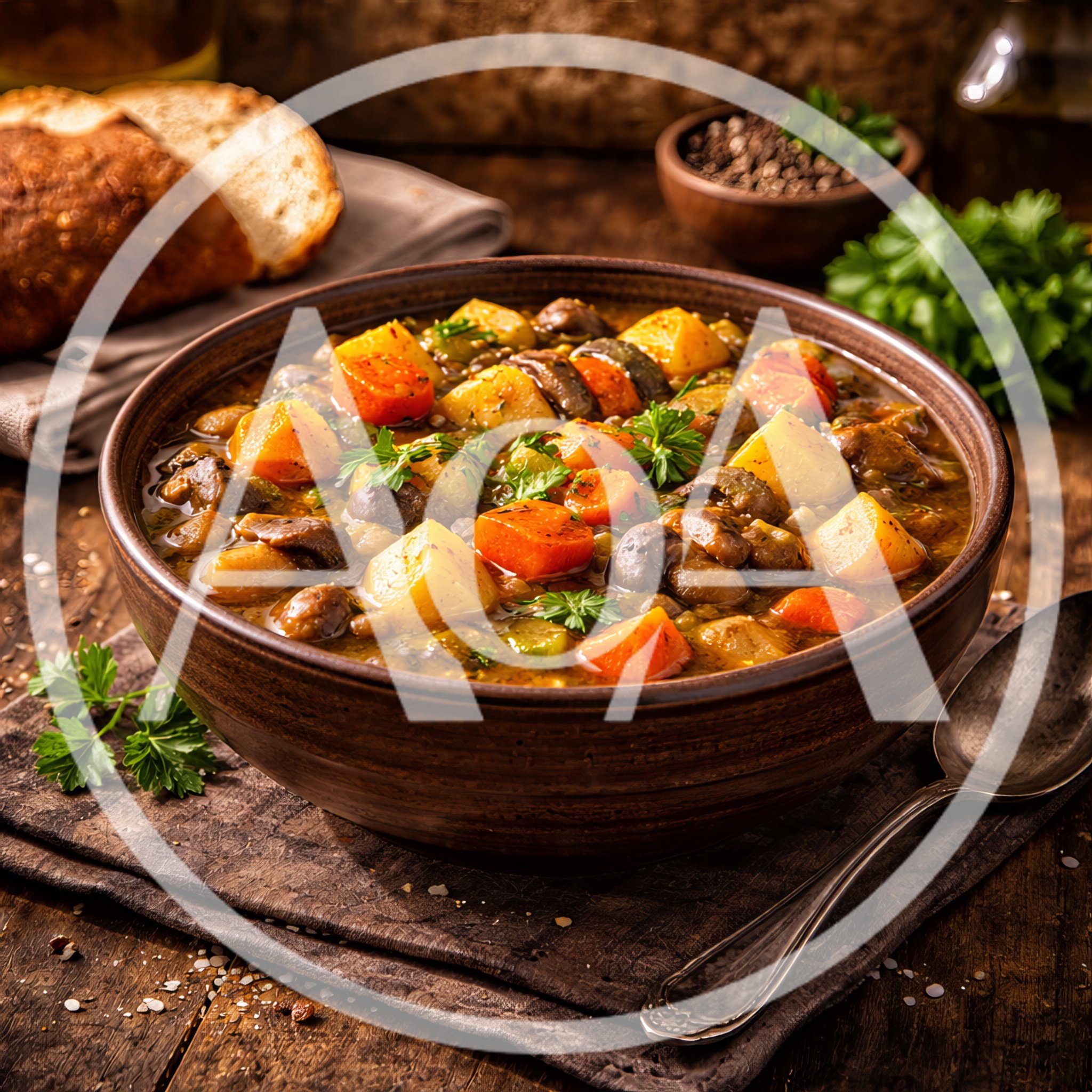 Hearty Vegetable Stew in a Rustic Ceramic Bowl