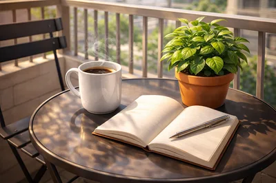 Coffee Mug and Open Notebook on Balcony Table