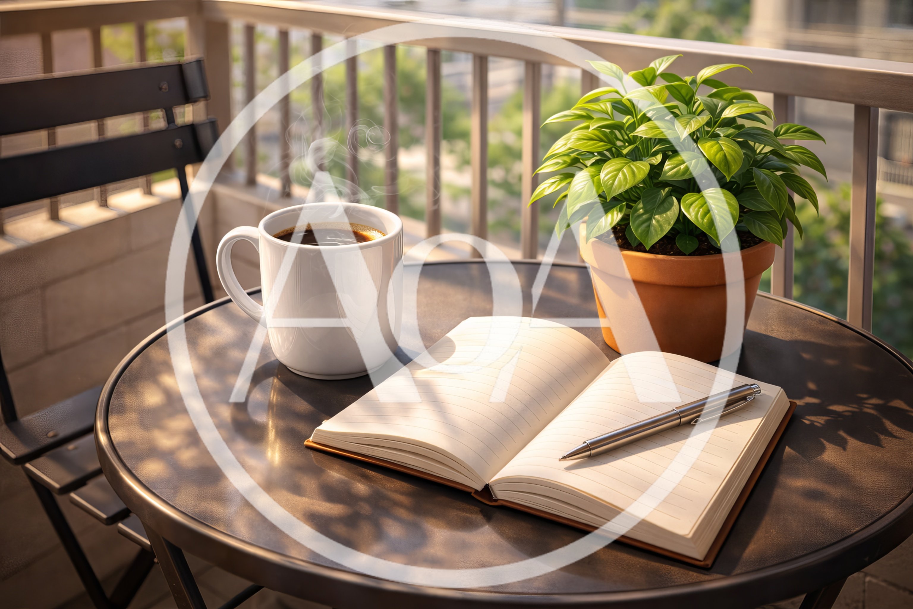 Coffee Mug and Open Notebook on Balcony Table