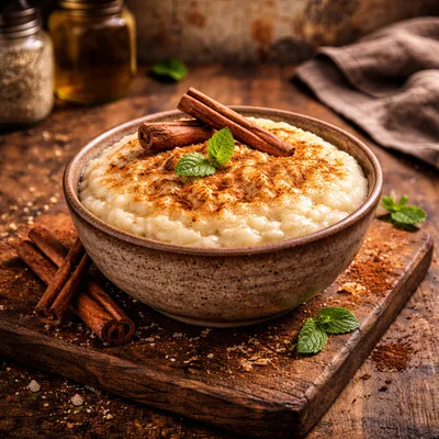Bowl Of Creamy Rice Pudding With Cinnamon And Mint