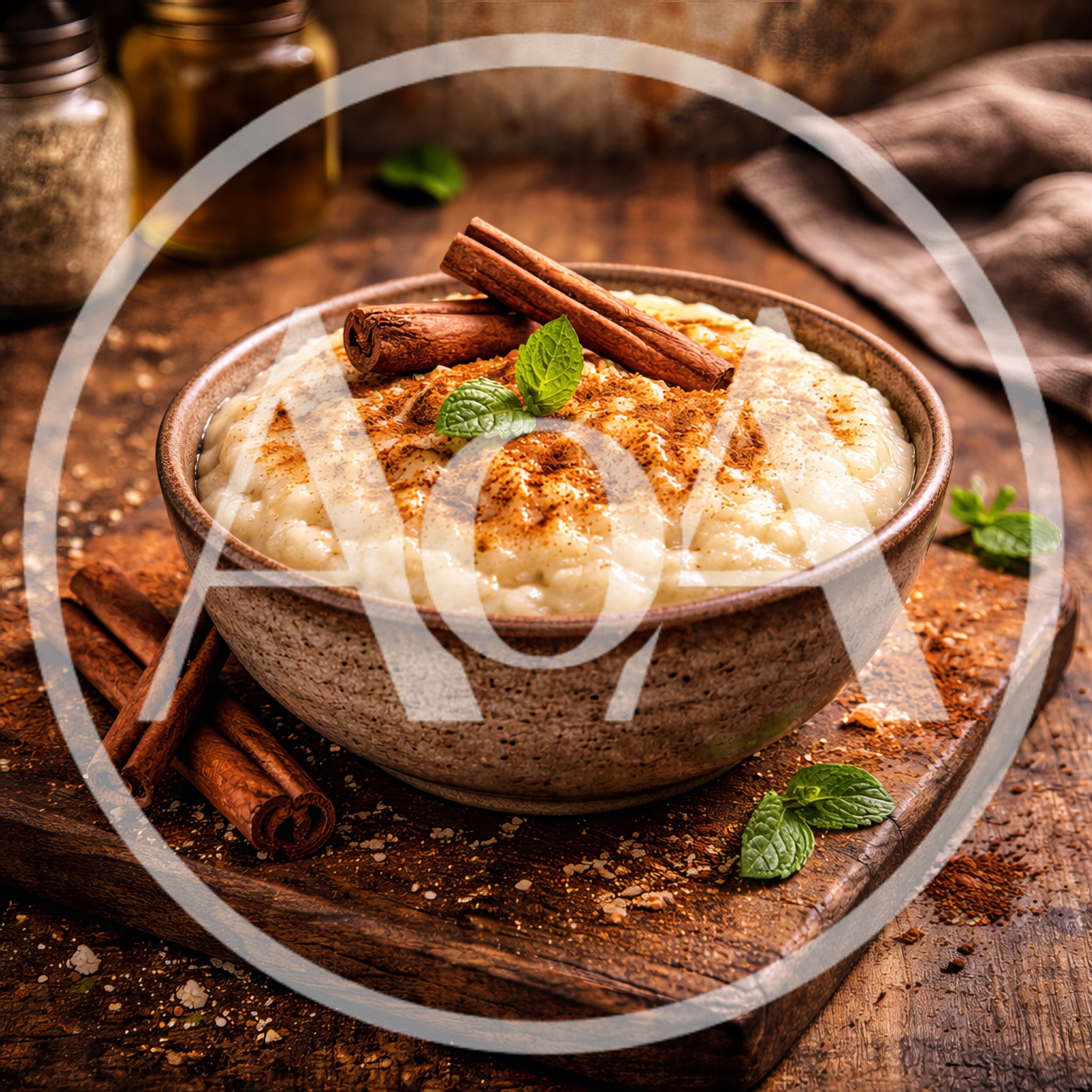 Bowl Of Creamy Rice Pudding With Cinnamon And Mint