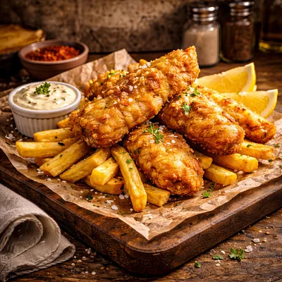 Crispy Fried Fish And Chips On Wooden Board