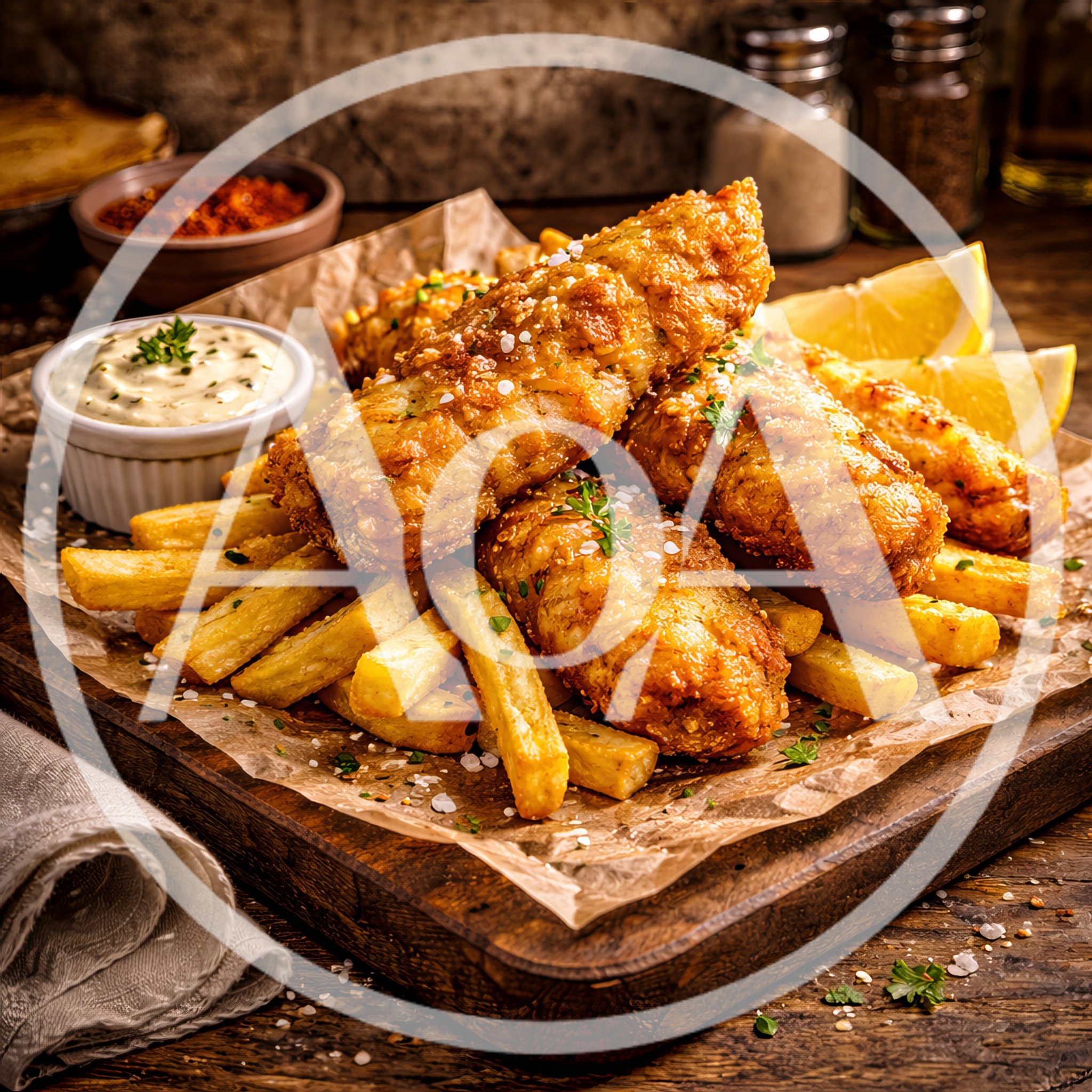 Crispy Fried Fish And Chips On Wooden Board