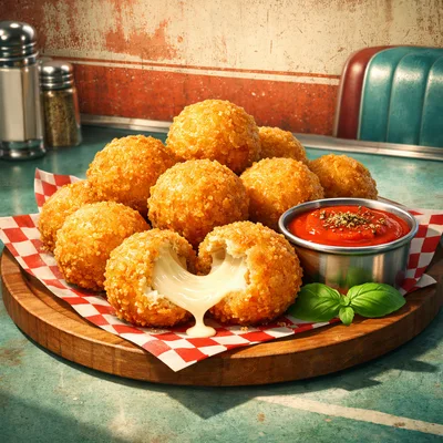 Fried Mozzarella Cheese Balls on Wooden Platter
