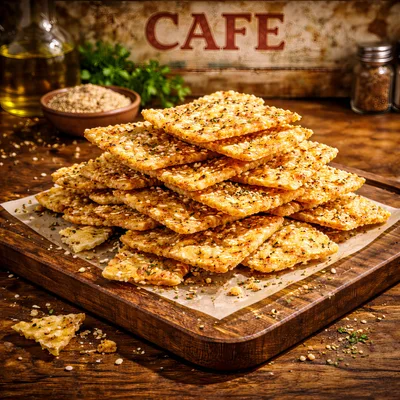 Stack Of Savory Seeded Crackers On Wooden Board