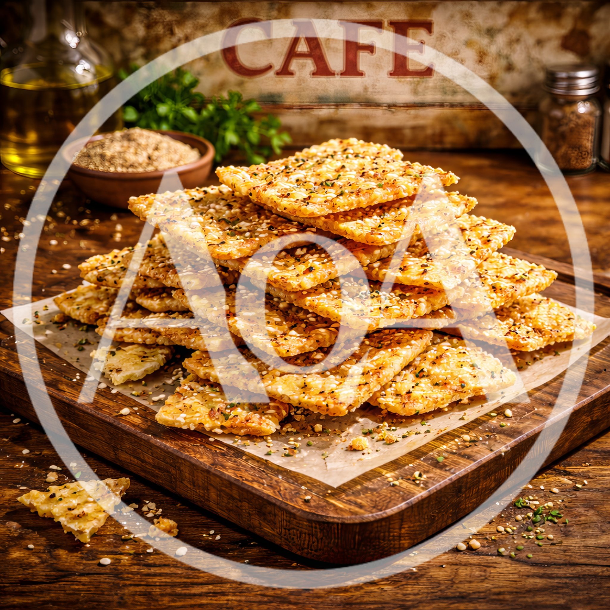 Stack Of Savory Seeded Crackers On Wooden Board