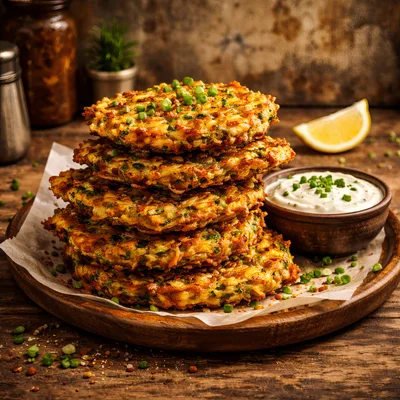 Stack of Crispy Vegetable Fritters with Dipping Sauce
